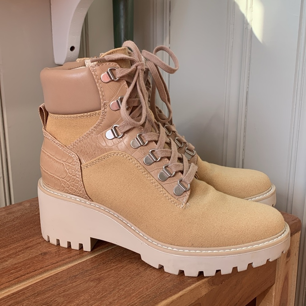 Work boots wedges lace up tan canvas zip up ankle bootie CLEAN WORN ONCE